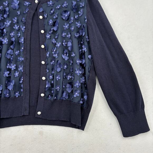 Karl Lagerfeld Paris Cardigan Sweater Size L Blue Sheer Front 3D Flowers - Picture 5 of 12